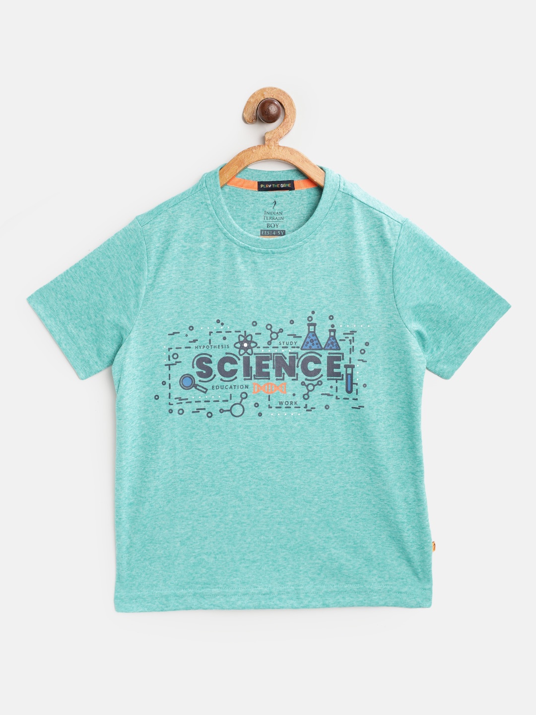 

Indian Terrain Boys Sea Green & Blue Typography Printed T-shirt