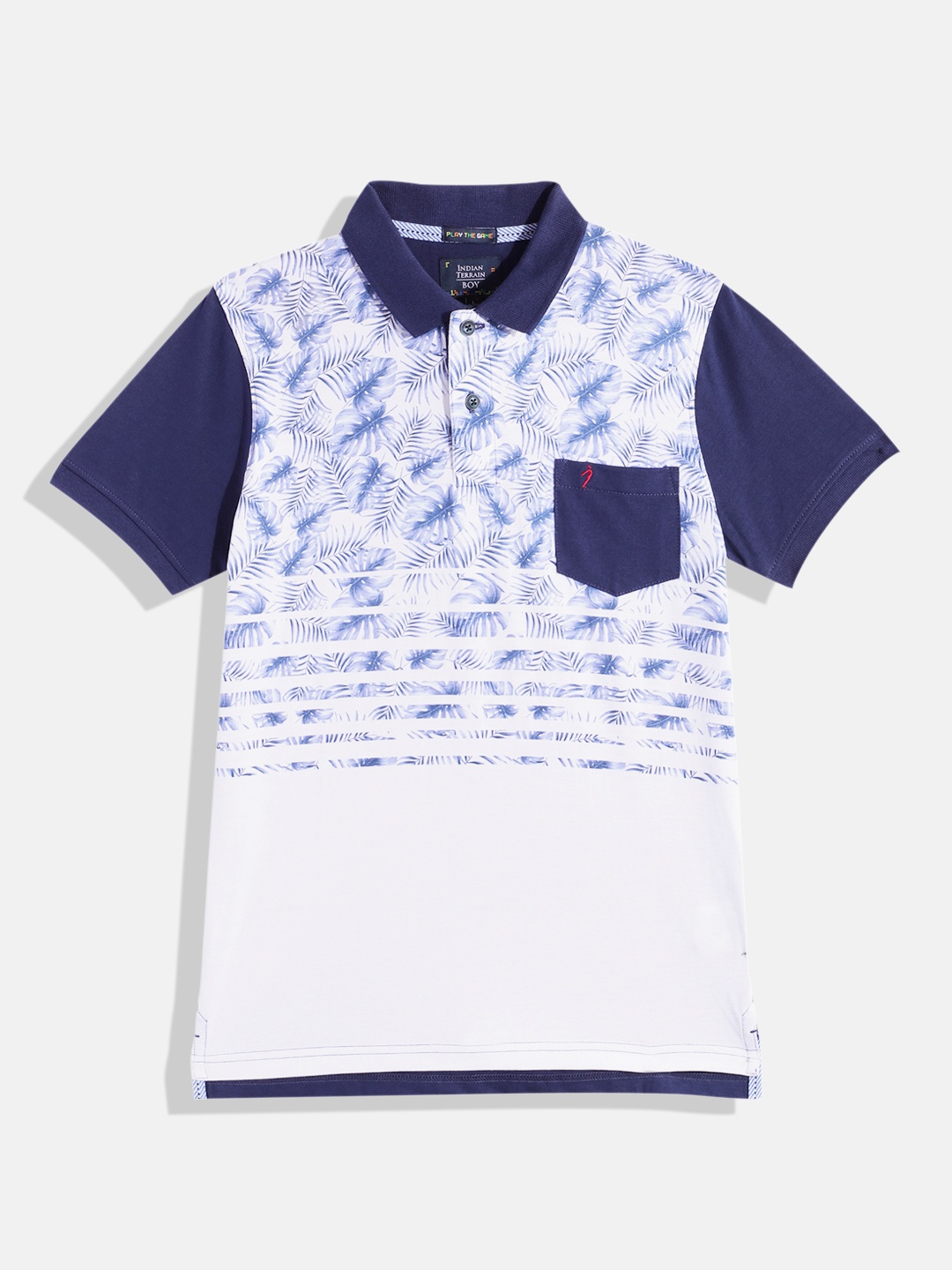 

Indian Terrain Boys Printed Pure Cotton Polo Collar T-shirt, Navy blue