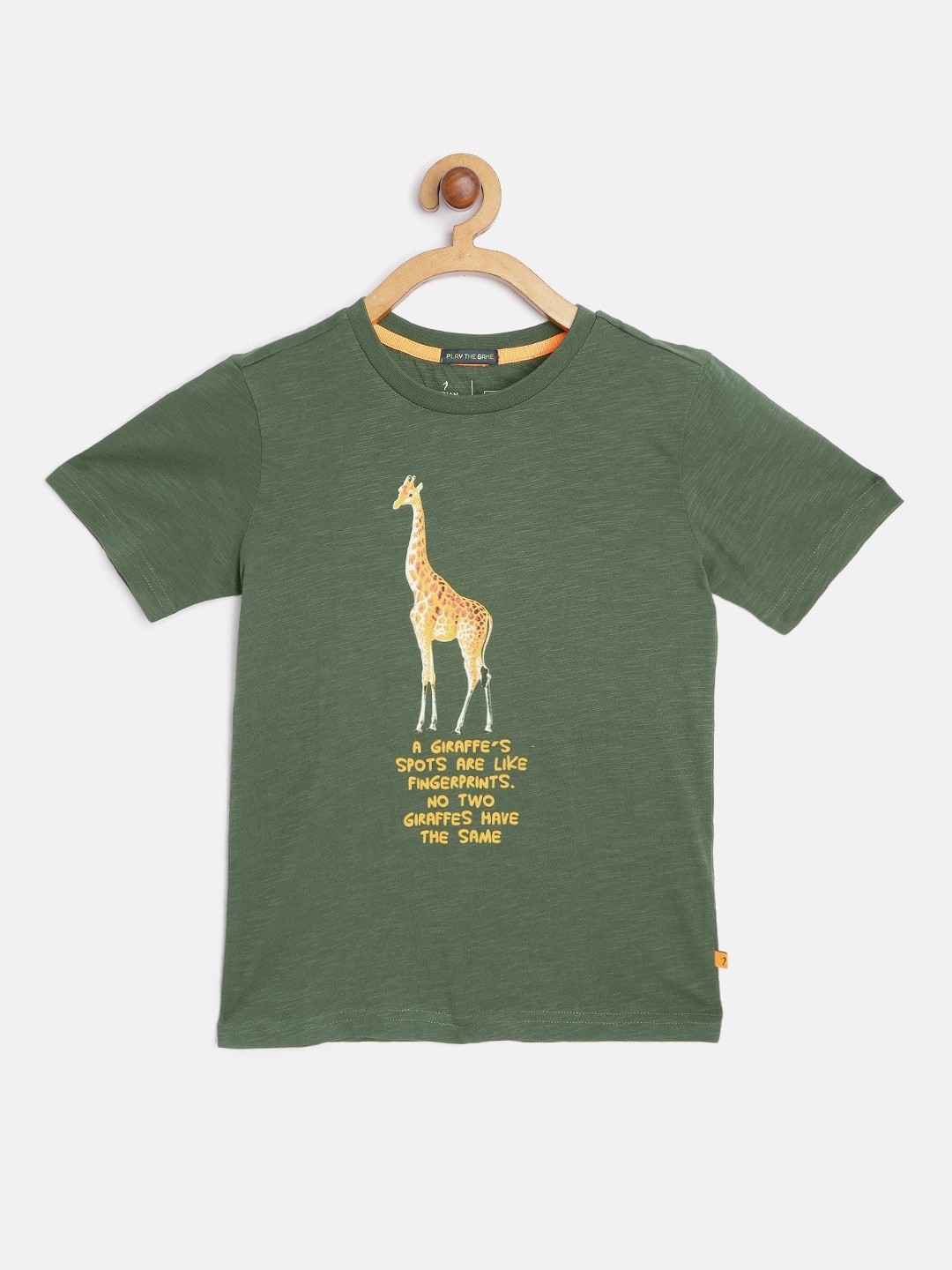

Indian Terrain Boys Olive Green & Mustard Yellow Printed Pure Cotton T-shirt