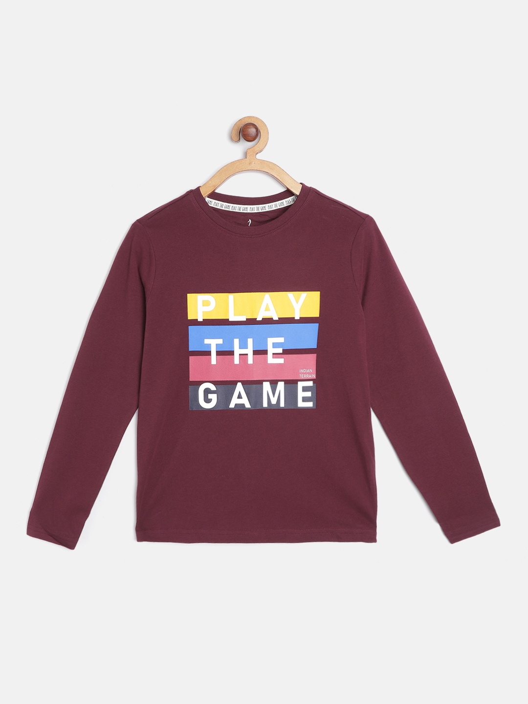 

Indian Terrain Boys Burgundy Blue Pure Cotton Typography Printed Pure Cotton T-shirt