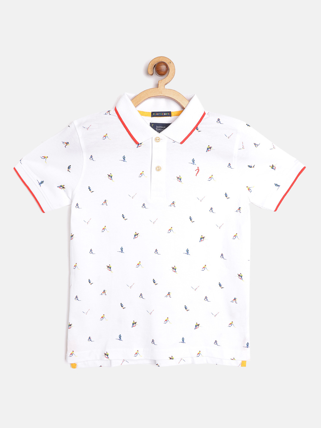 

Indian Terrain Boys White Blue Pure Cotton Hockey Print Polo Collar Pure Cotton T-shirt