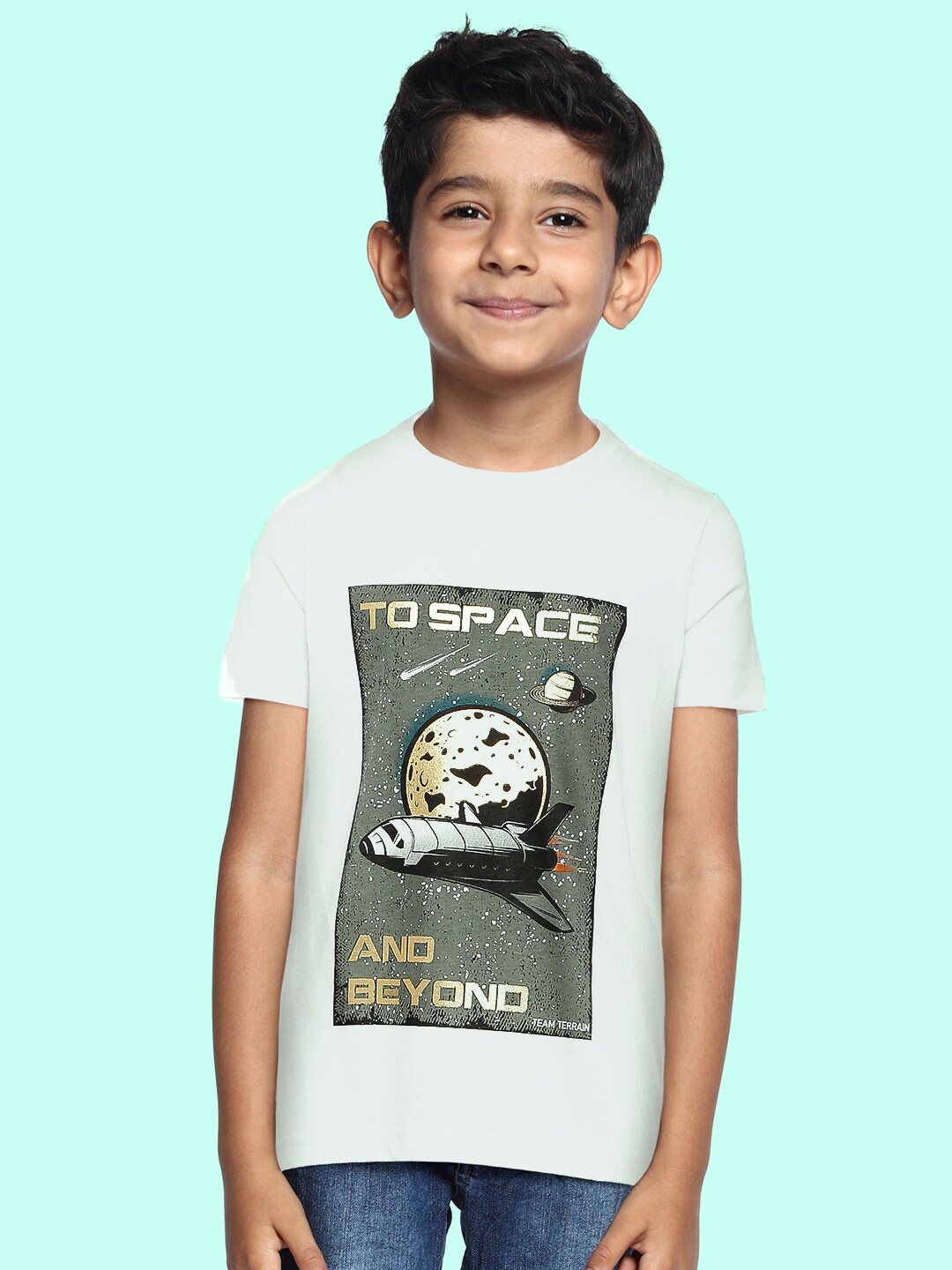 

Indian Terrain Boys Off White Grey Printed Pure Cotton T-shirt