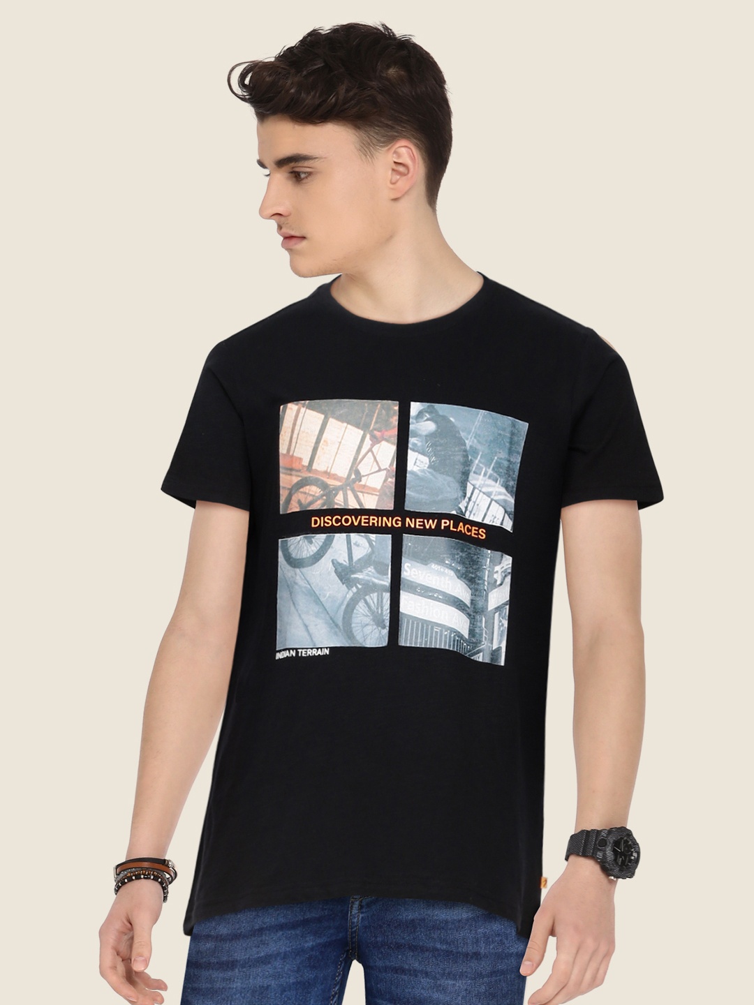 

Indian Terrain Boys Black Grey Graphic Printed Cotton Pure Cotton T-shirt