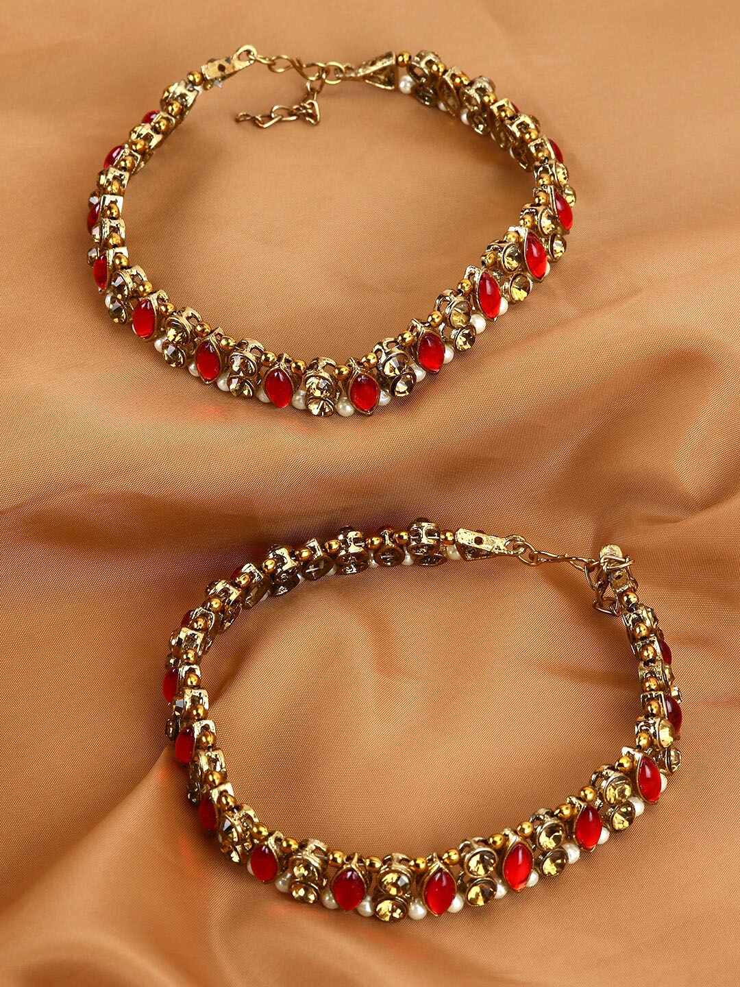 

ANIKAS CREATION Set Of 2 Red & White Kundan-Studded & Pearl Beaded Handcrafted Anklets, Gold