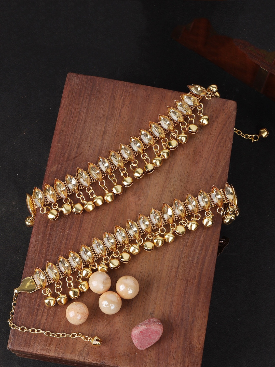 

ANIKAS CREATION Set Of 2 Gold-Plated Tan-Colored Kundan-Studded Handcrafted Anklets