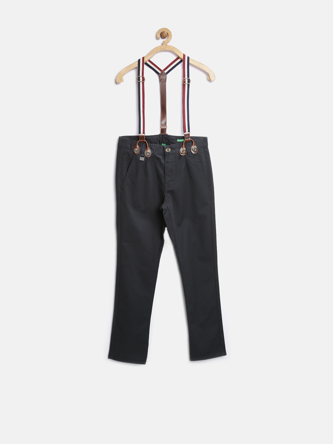 

United Colors of Benetton Boys Black Trousers with Suspenders