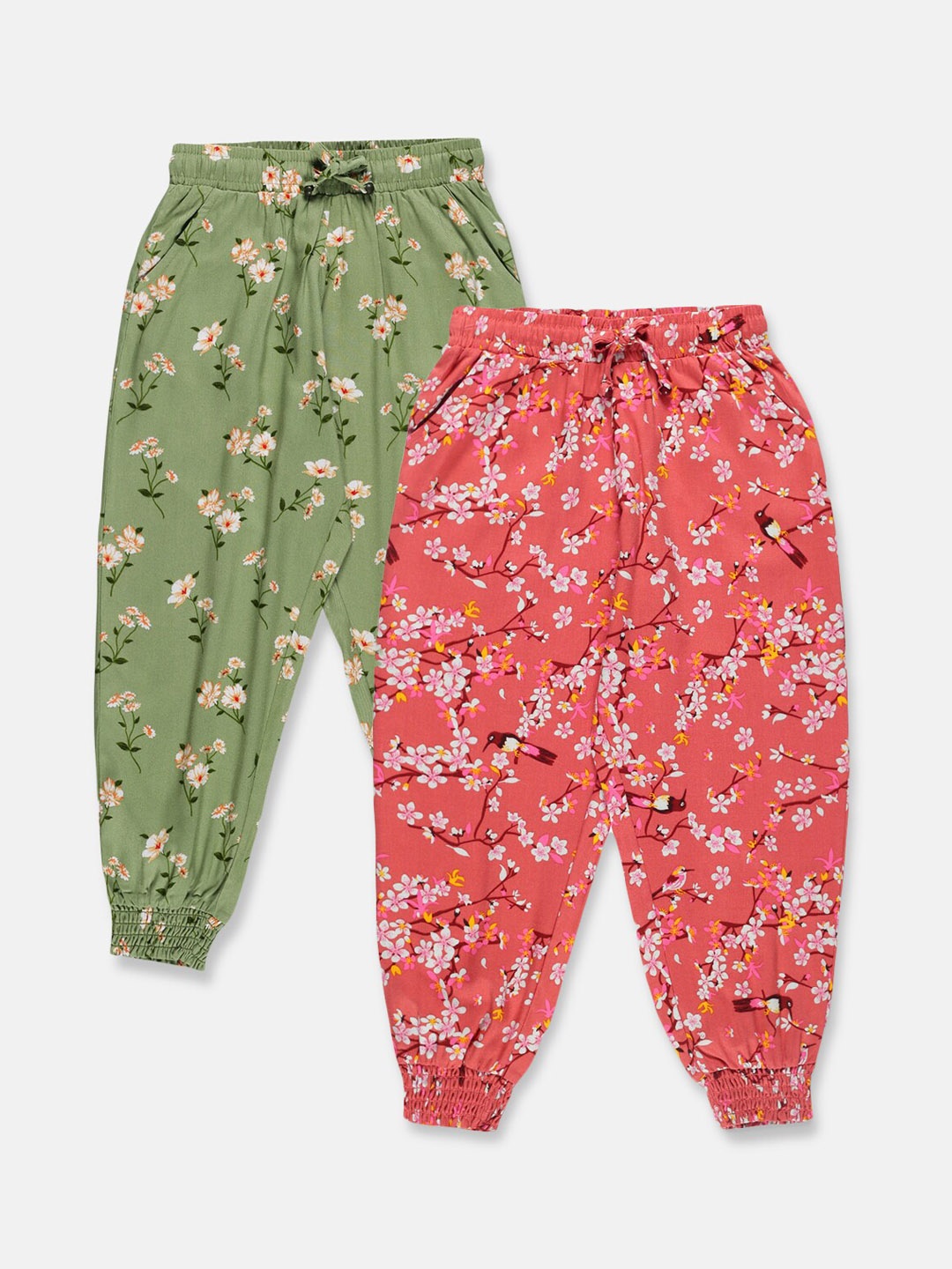 

PLUM TREE Girls Set Of 2 Green & Red & Black Printed Straight Fit Harem Pants