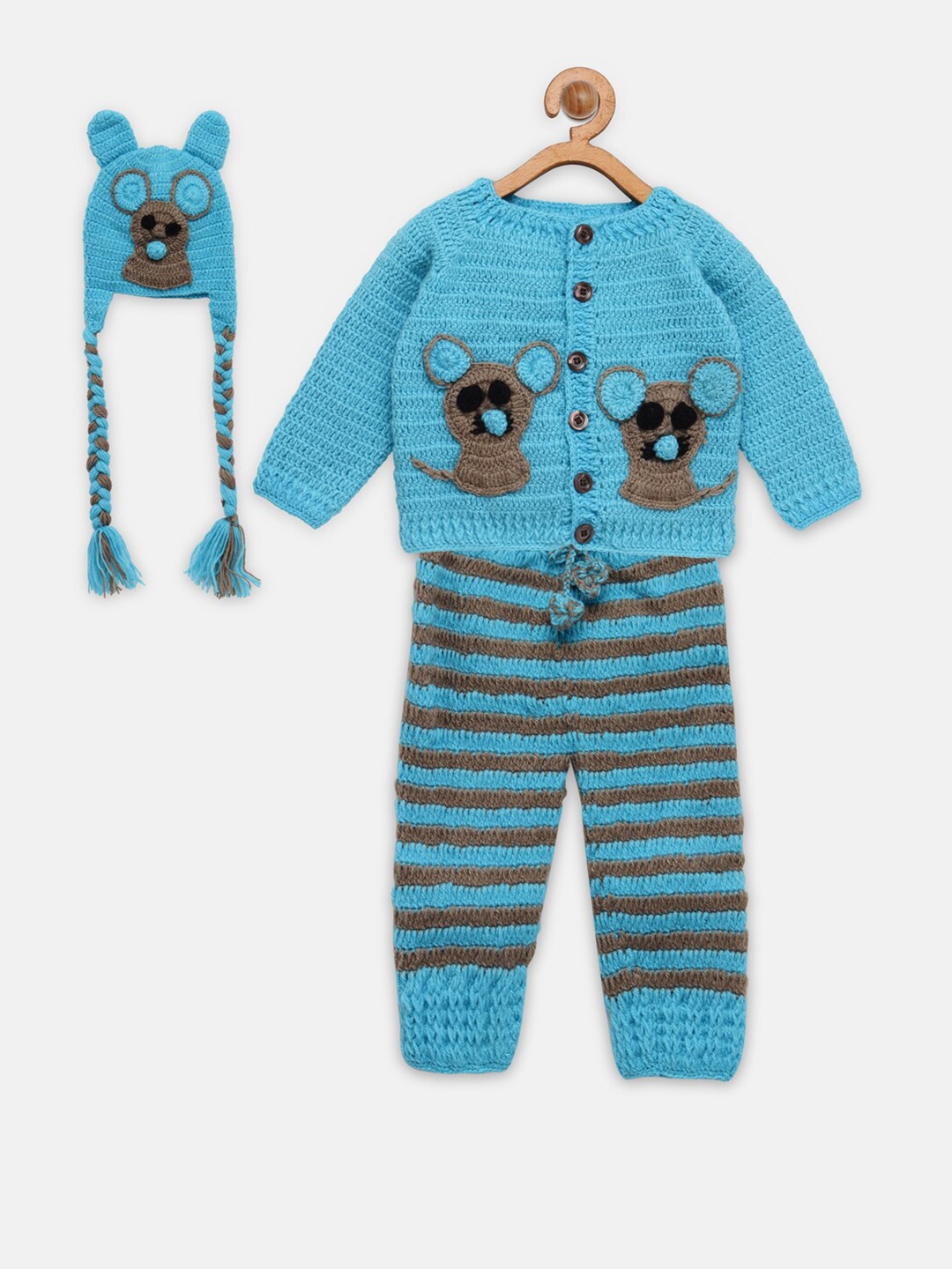 

CHUTPUT Kids Blue & Brown Hand knitted Shirt & Pyjamas With Head Cap Set