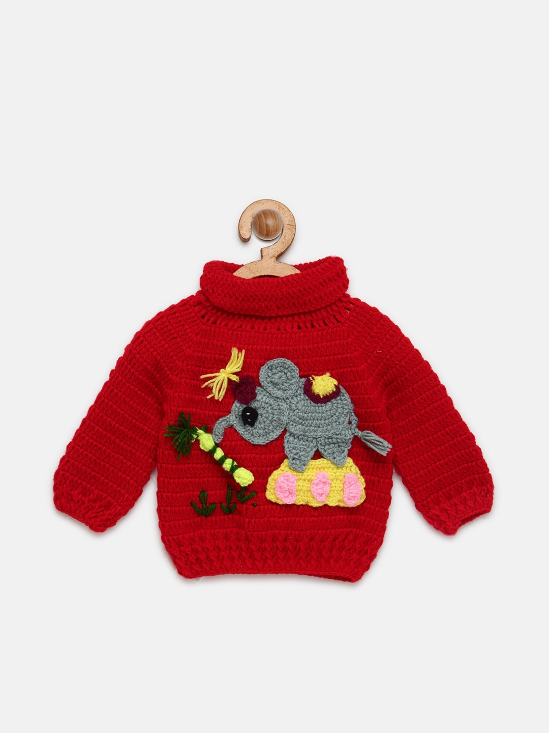 

CHUTPUT Kids Red & Grey Hand Knitted Crochet Elephant Wool Pullover