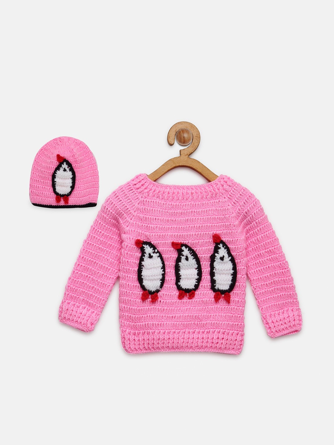 

CHUTPUT Unisex Kids Pink & White Crochet Penguin Sweater Vest