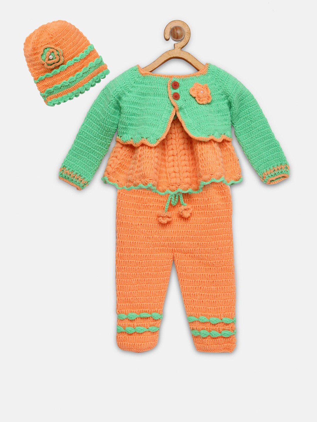 

CHUTPUT Unisex Kids Orange & Green T-shirt and Shirt & Pyjamas With Head Cap Set