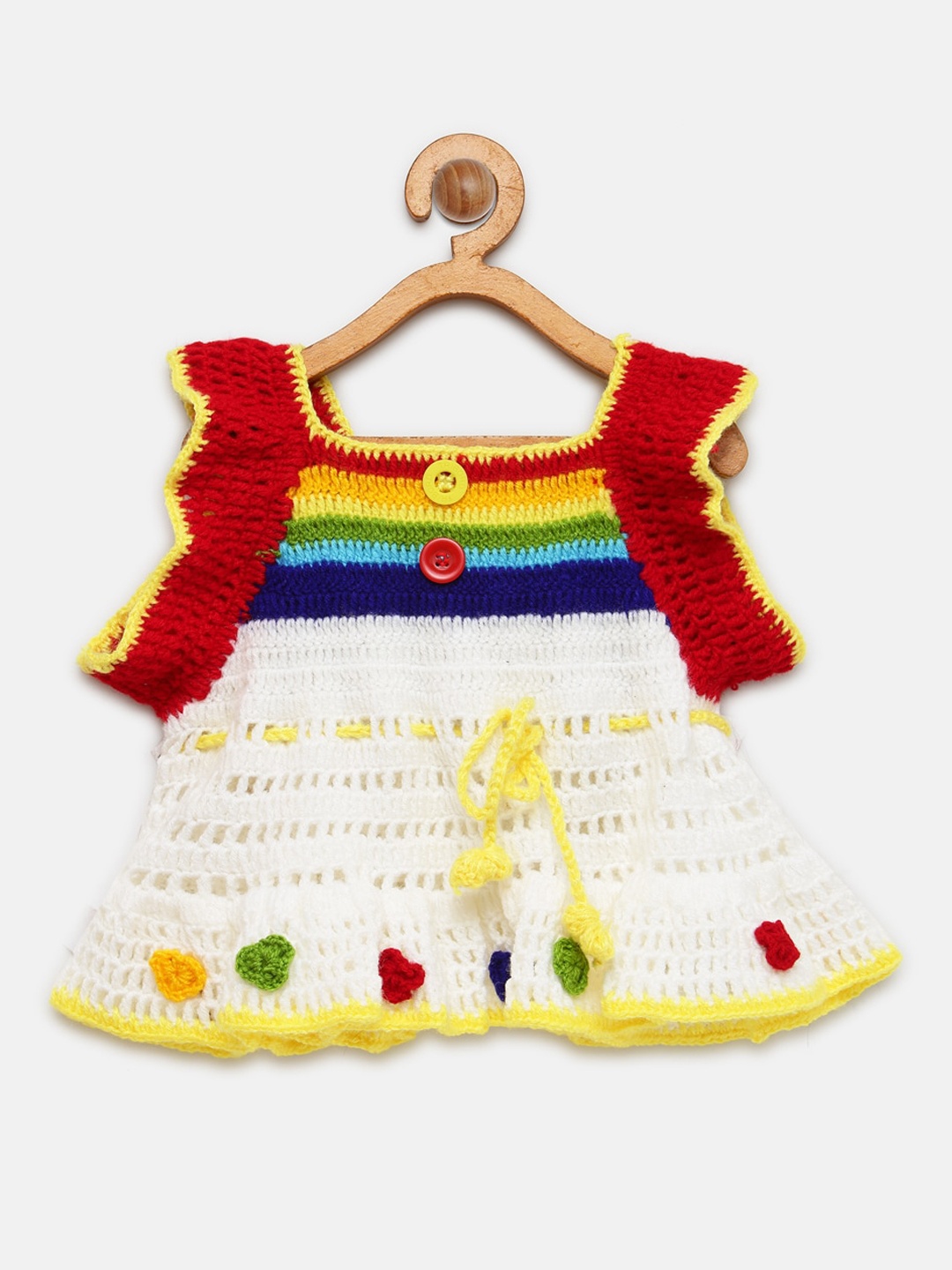 

CHUTPUT Red And Yellow Hand Knitted Crochet Pure Wool A-Line Dress