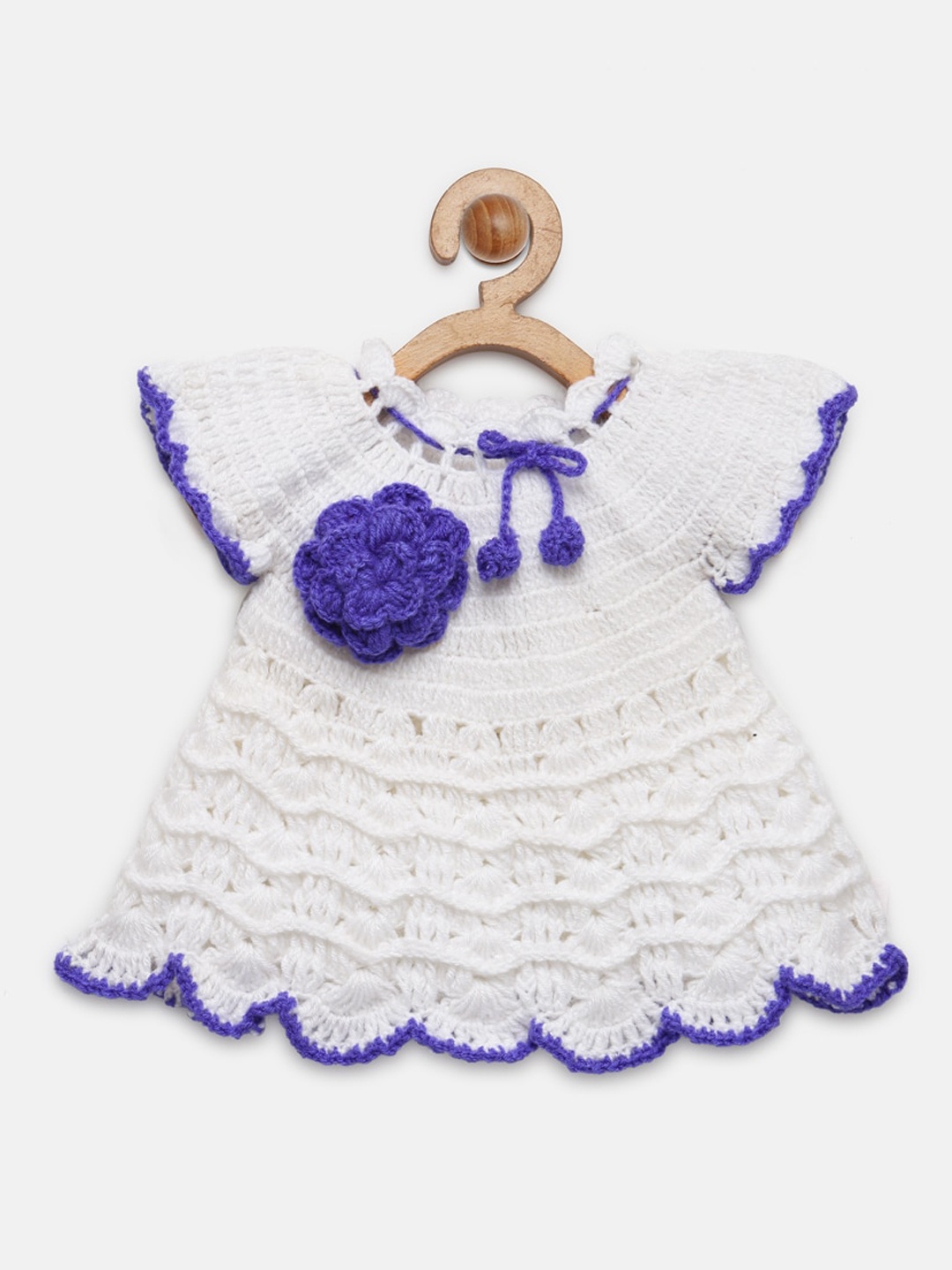 

CHUTPUT Girls White Pure Wool Crochet A-Line Dress