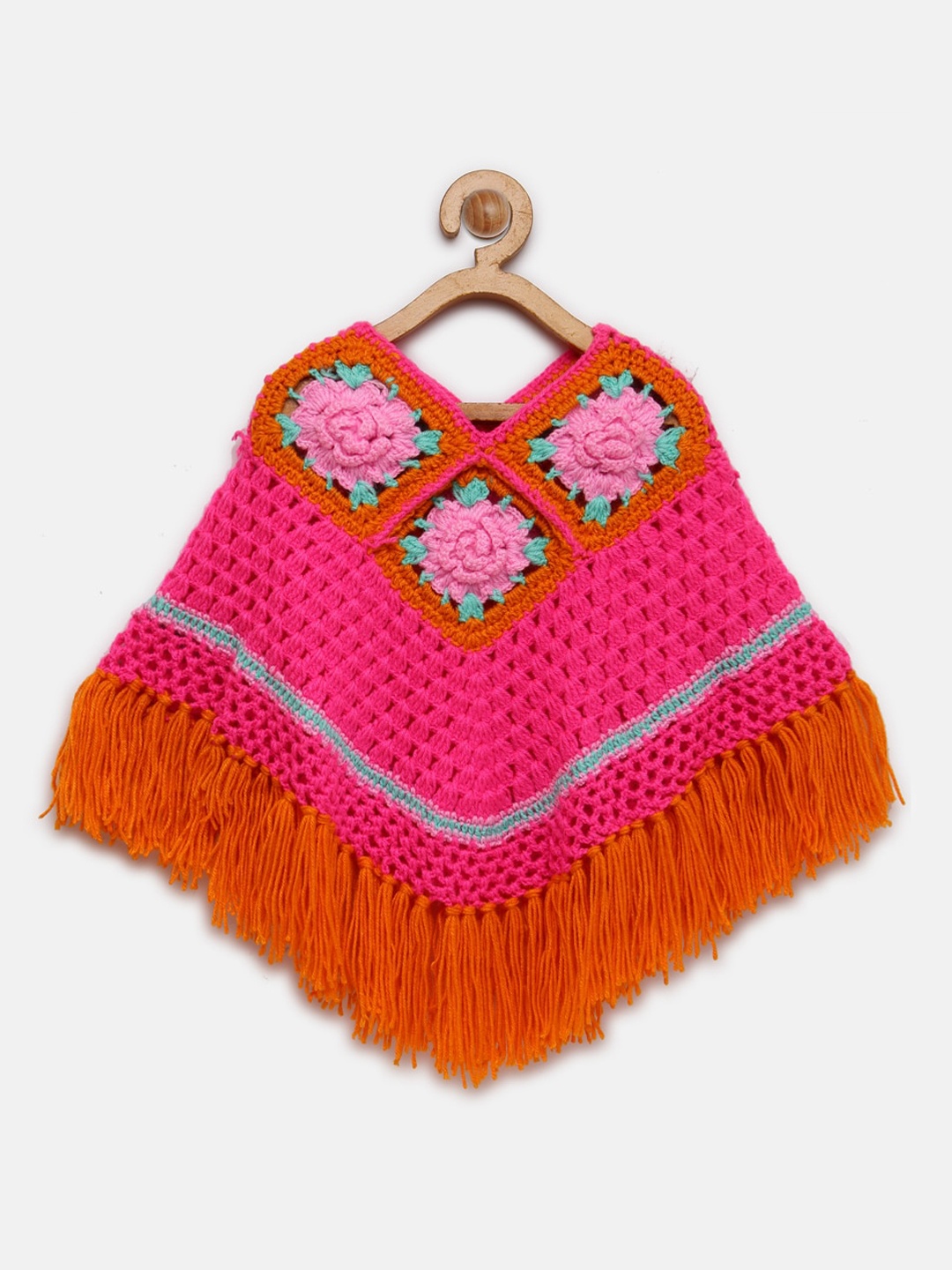

CHUTPUT Infant Girls Pink & Orange Hand knitted Crochet Striped Pure Wool Sweater Dress
