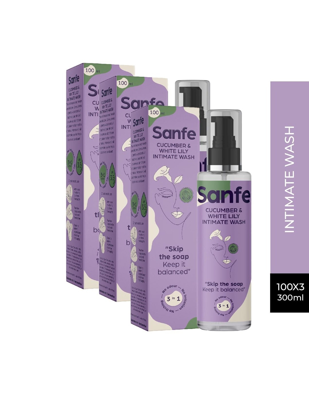 

Sanfe Women Pack of 3 Cucumber & White Lily Intimate Wash - 100ml each, Coral