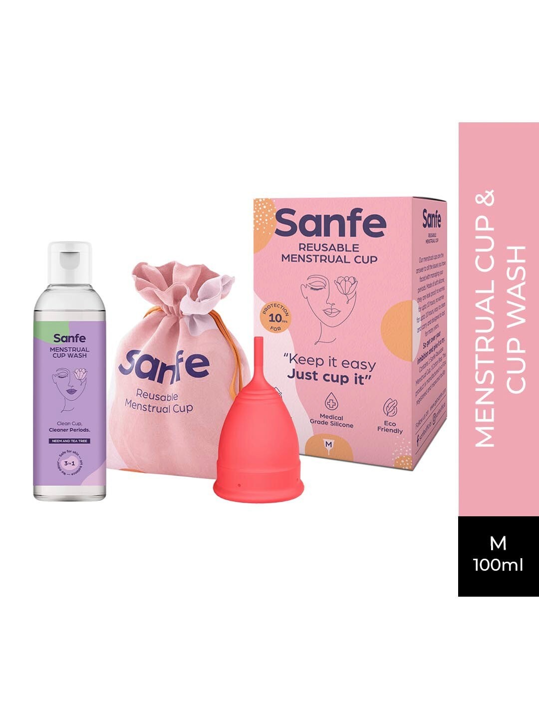 

Sanfe Women Reusable Medium Menstrual Cup & Menstrual Cup Wash - 100 ml, Coral