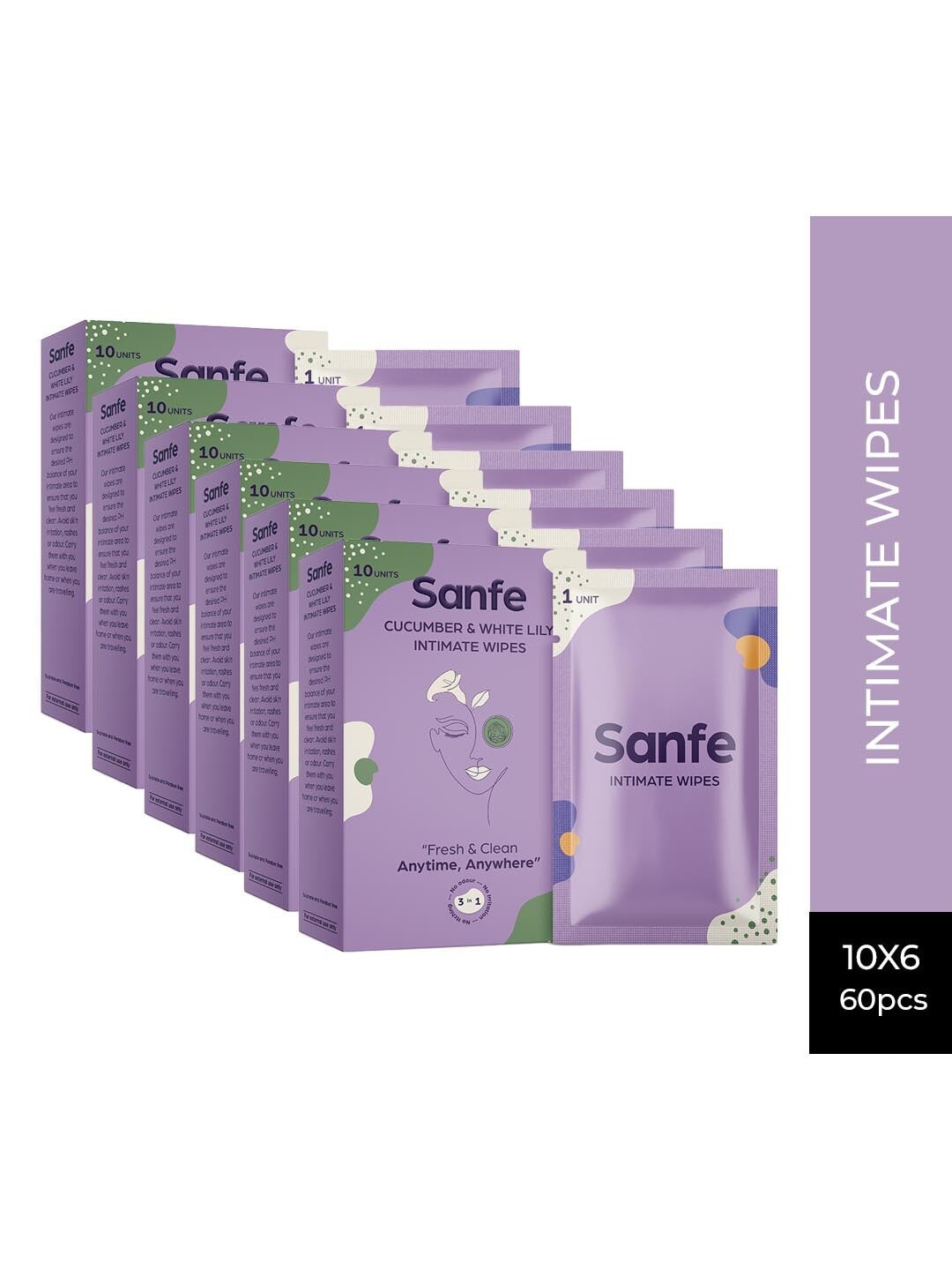 

Sanfe Set Of 6 Cucumber & White Lily No Odour Aloe Vera Intimate Wipes, Coral