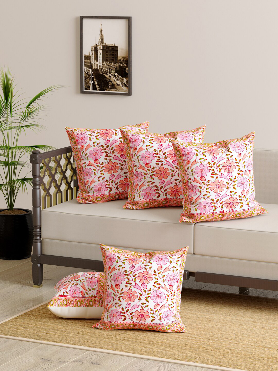 

Gulaab Jaipur Pink & White Set of 5 Ethnic Motifs Handblock Printed Square Cushion Covers