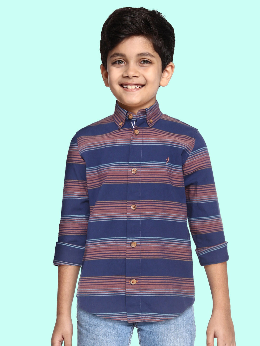 

Indian Terrain Boys Navy Blue & Rust Orange Striped Pure Cotton Casual Shirt