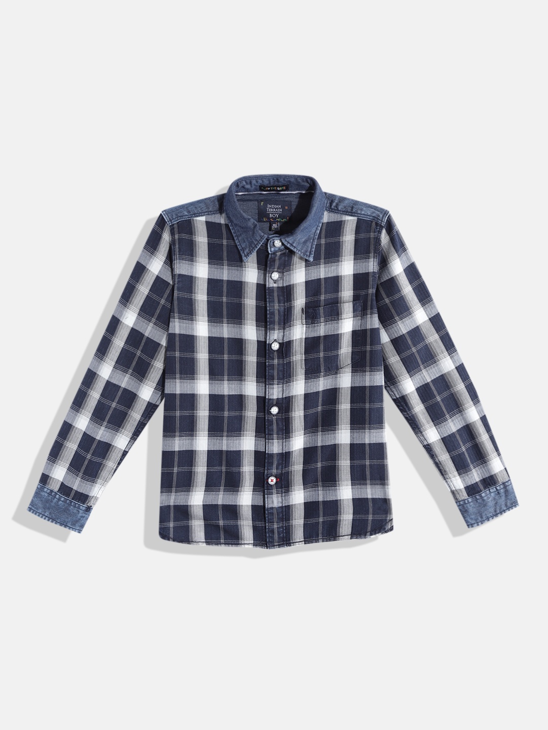

Indian Terrain Boys Navy Blue & White Pure Cotton Tartan Checked Casual Shirt