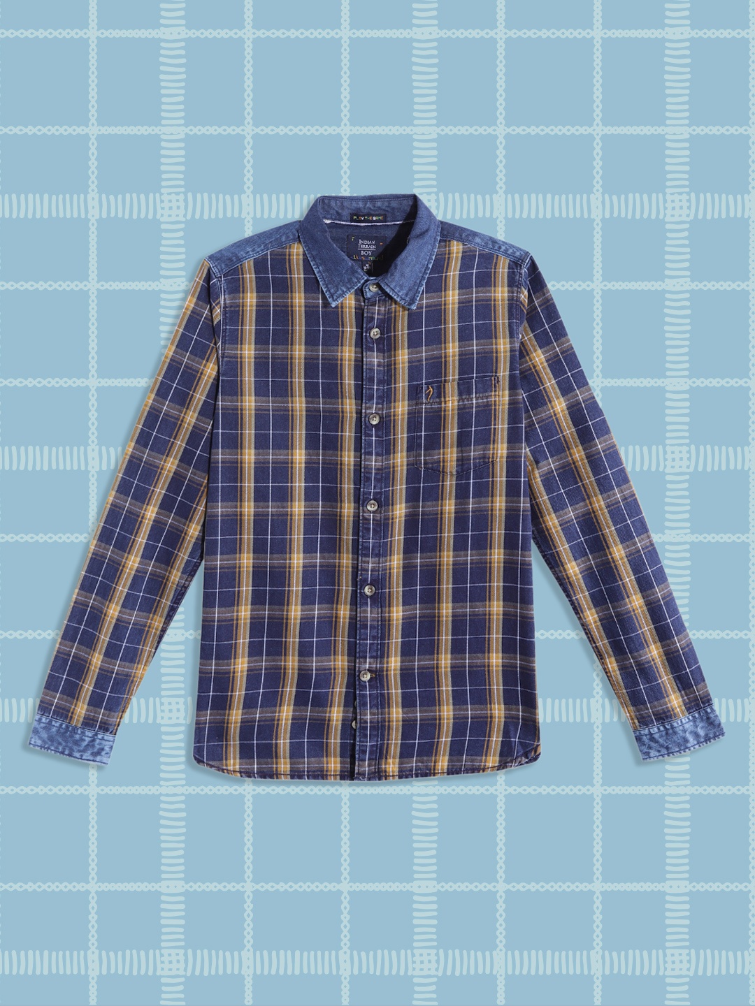 

Indian Terrain Boys Khaki & Navy Blue Pure Cotton Tartan Checked Casual Shirt