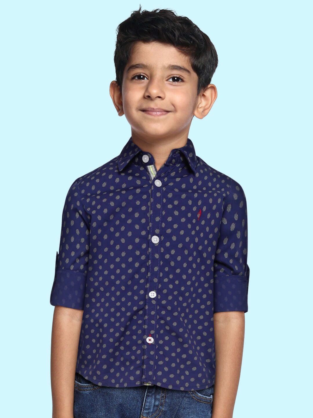 

Indian Terrain Boys Navy Blue & Grey Leaf Printed Cotton Casual Shirt