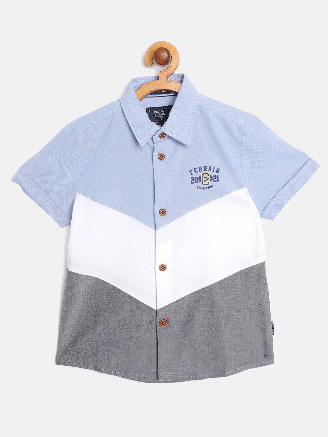 

Indian Terrain Boys Blue & White Cotton Colourblocked Casual Shirt