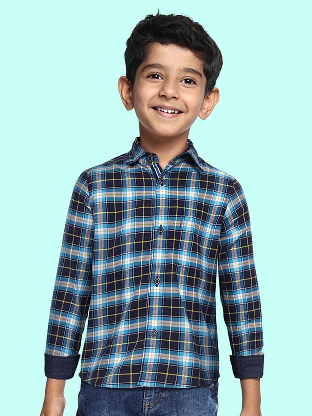 

Indian Terrain Boys Blue & White Pure Cotton Checked Casual Shirt