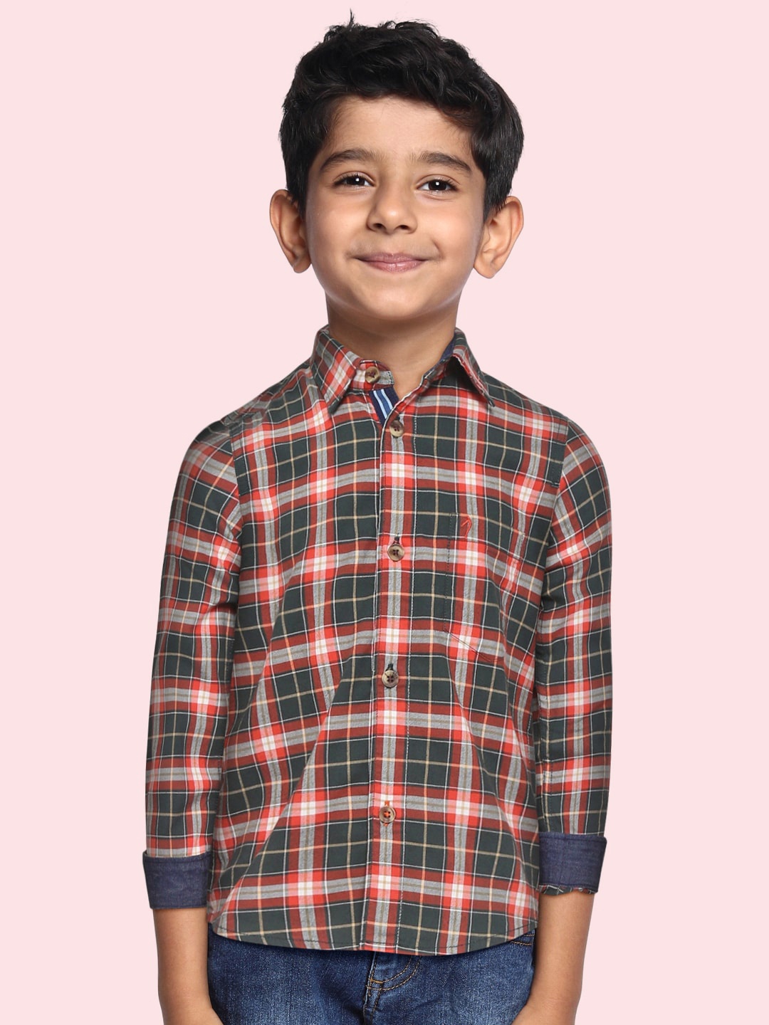 

Indian Terrain Boys Green & Orange Pure Cotton Plaid Checked Casual Shirt