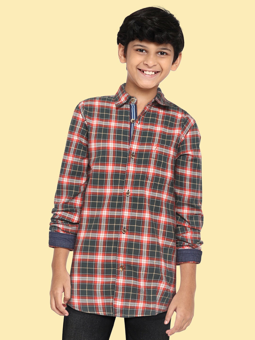 

Indian Terrain Boys Green & Orange Pure Cotton Plaid Checked Casual Shirt