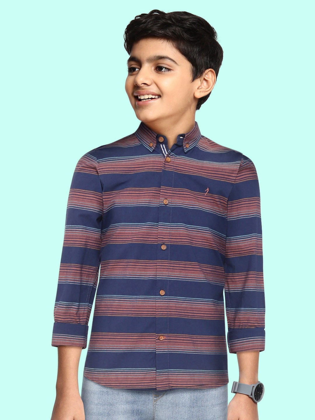 

Indian Terrain Boys Navy Blue & Rust Orange Striped Pure Cotton Casual Shirt