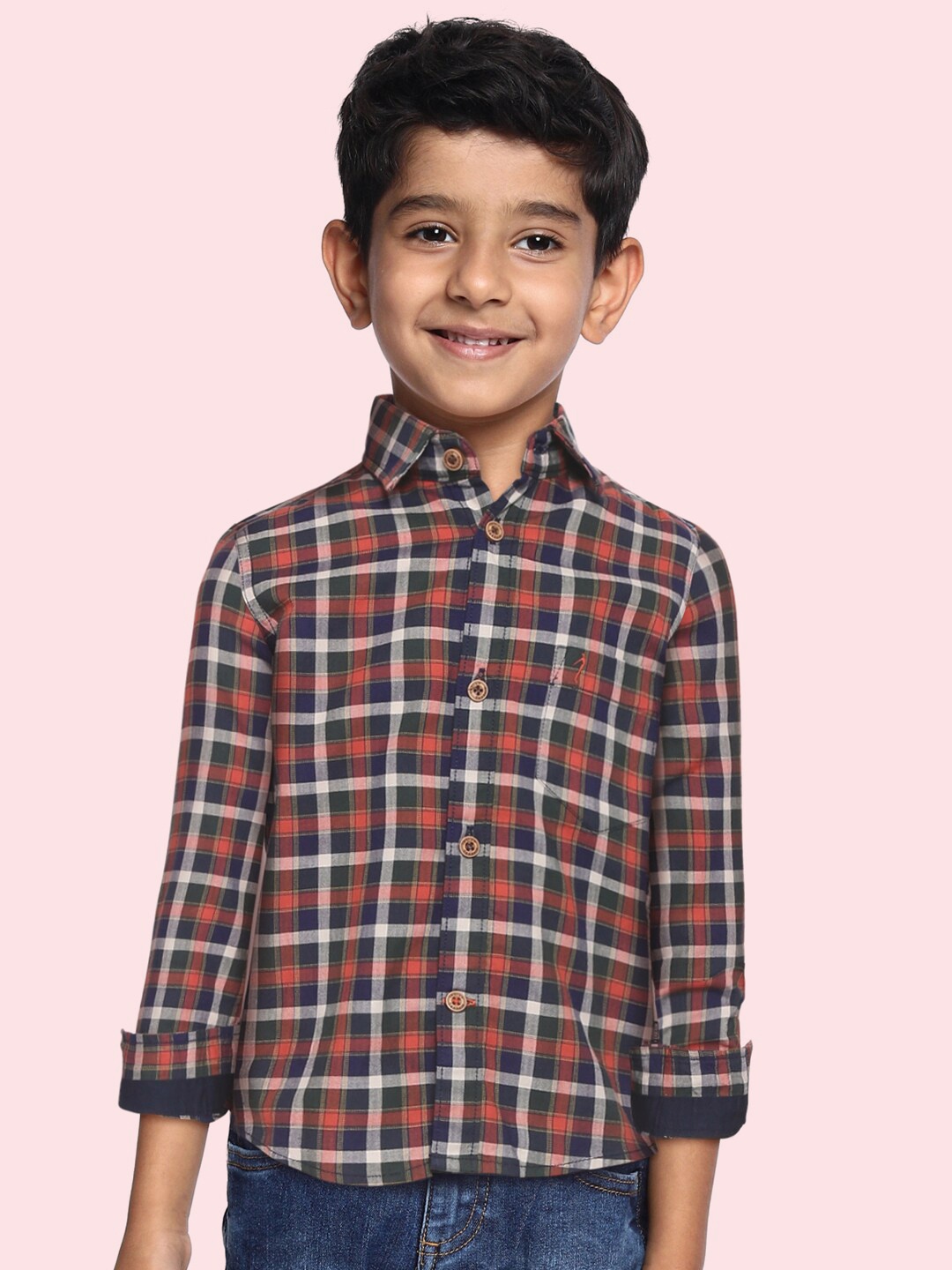 

Indian Terrain Boys Green & Orange Pure Cotton Plaid Checked Casual Shirt