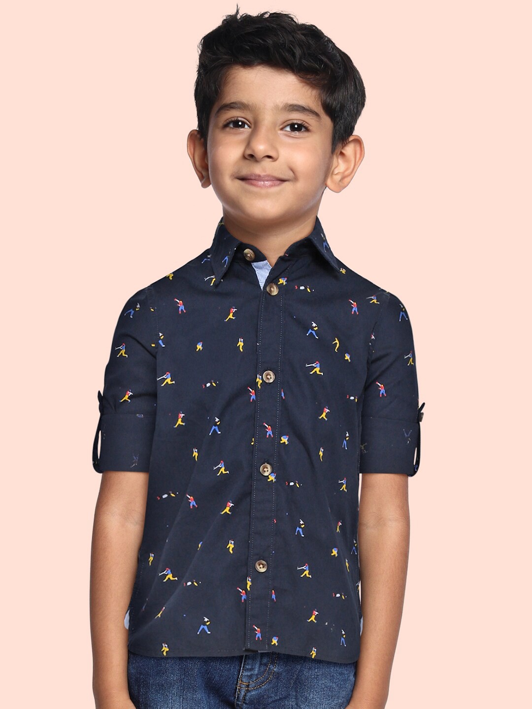 

Indian Terrain Boys Navy Blue & Yellow Printed Pure Cotton Casual Shirt