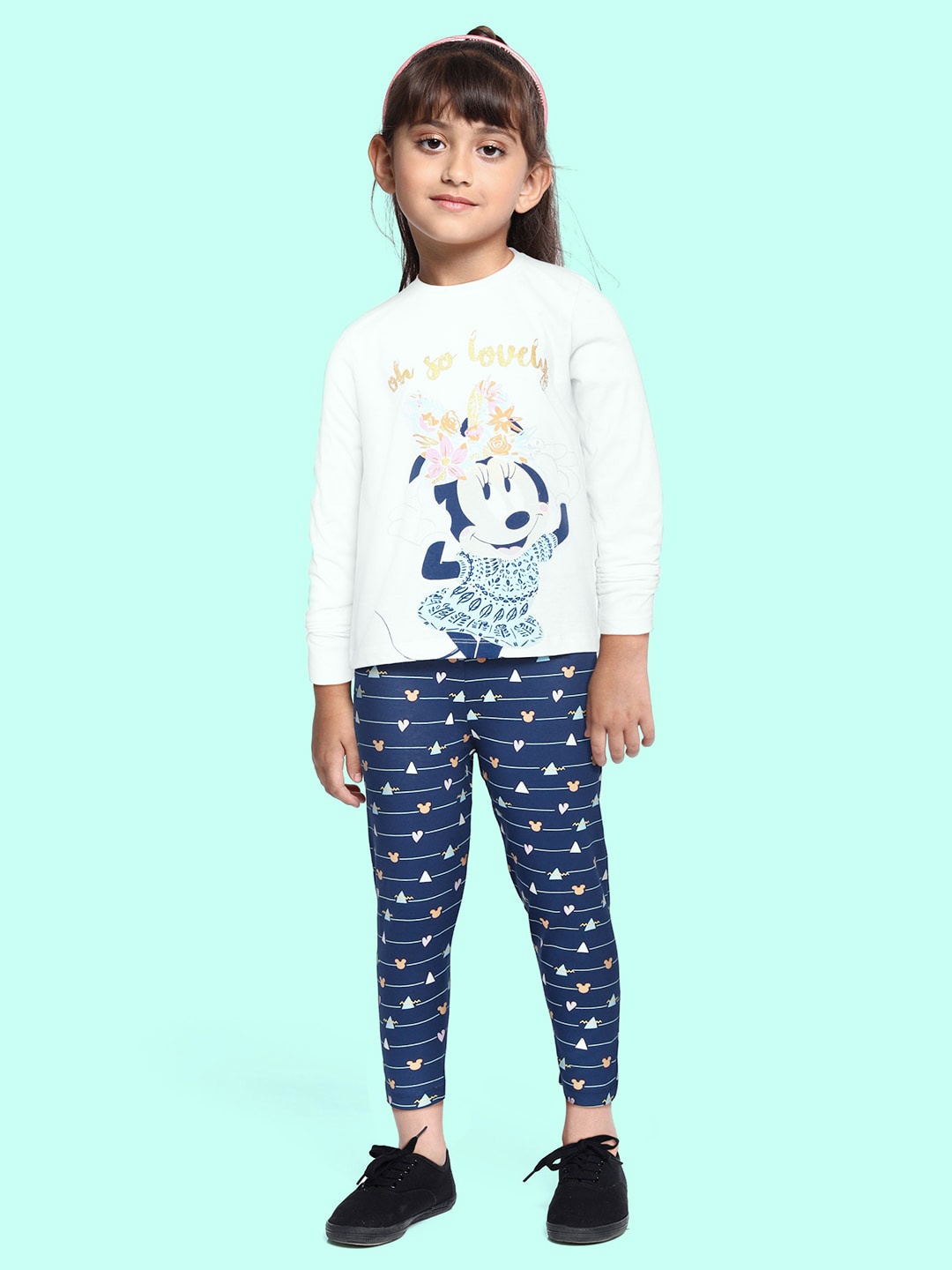 

YK Disney Girls White & Navy Blue Pure Cotton Minnie Mouse Print Pyjamas Set