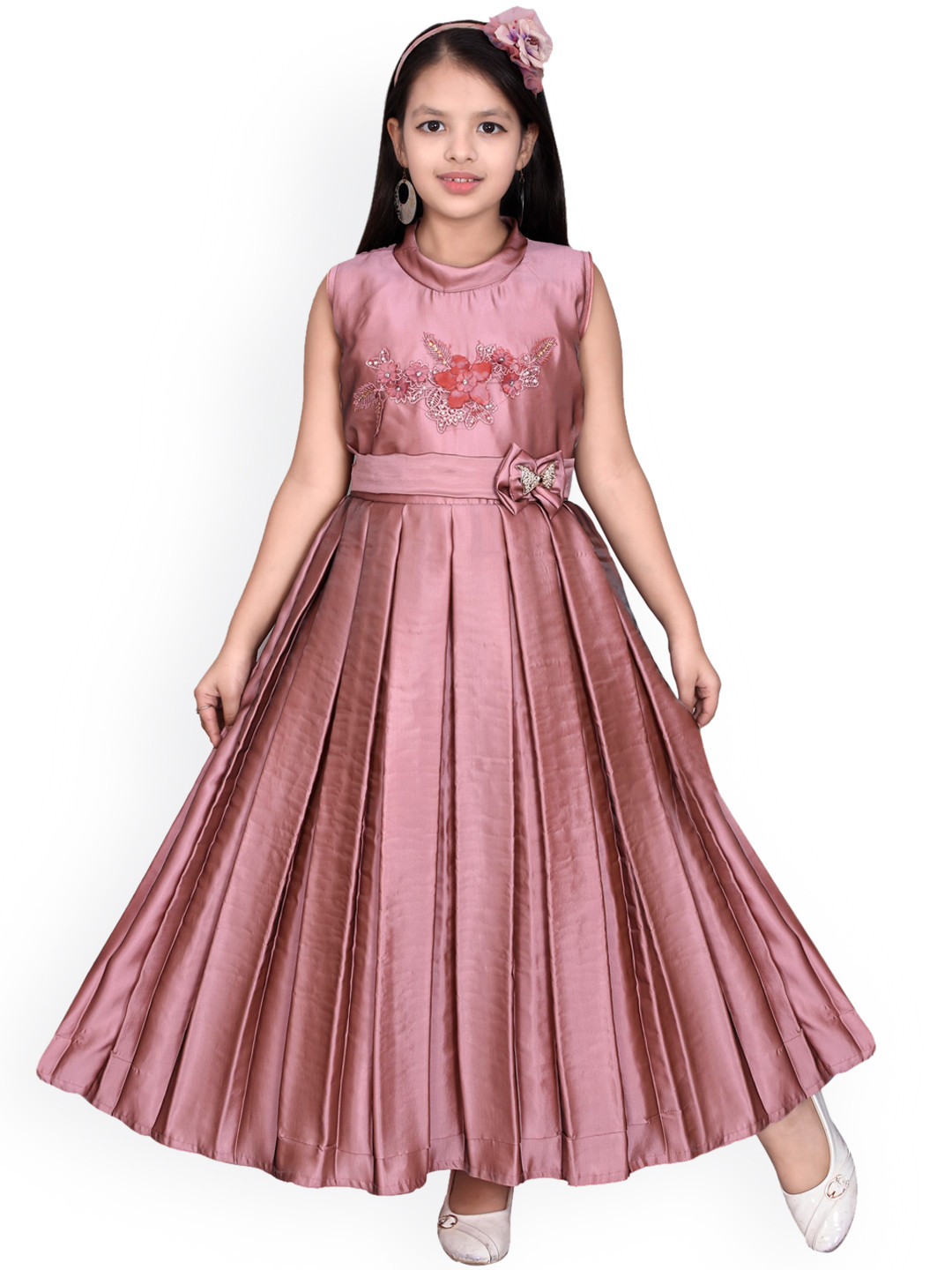 

SKY HEIGHTS Peach-Coloured Floral Satin Maxi Gown Dress