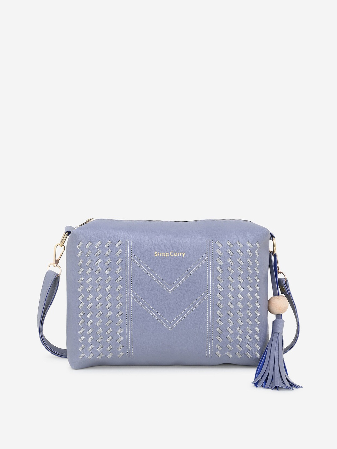 

Stropcarry Blue Embroidered Shopper Sling Bag With Tasselled