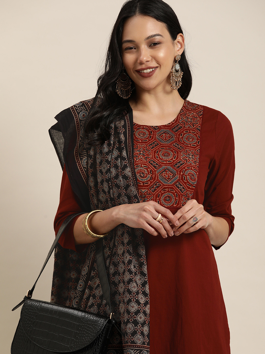 

Taavi Women Maroon Ajrakh Hand Block Print Pure Cotton Kurta with Trousers & Dupatta