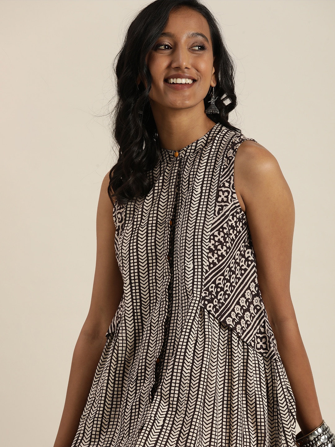 

Taavi Women Black & Beige Bagru Handblock Print A-Line Cotton Midi Dress