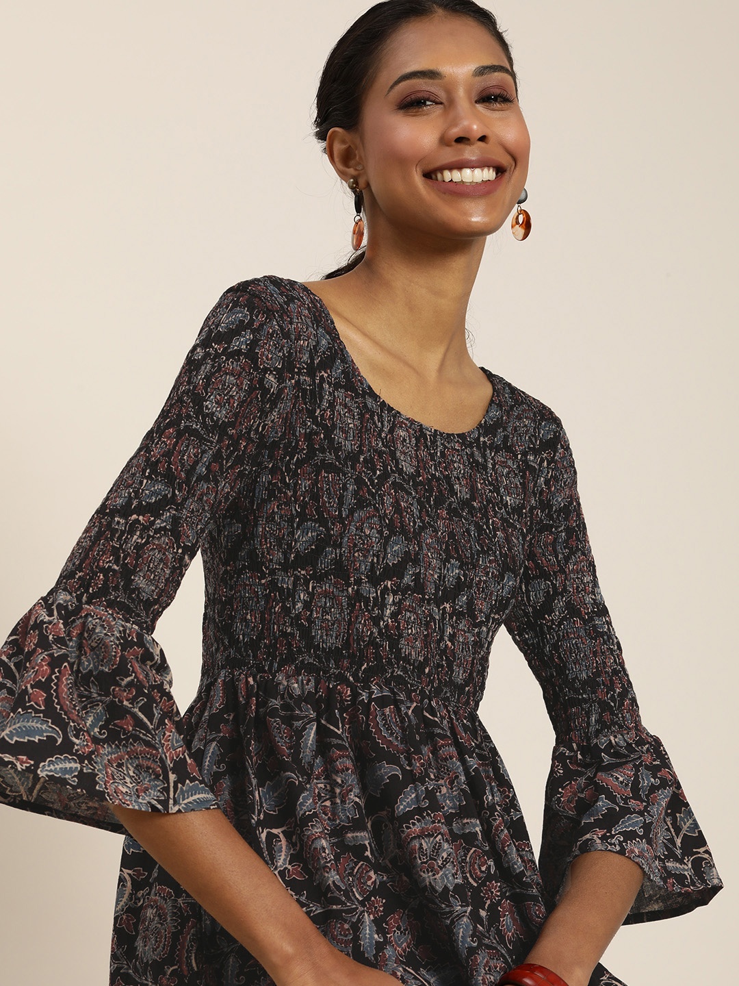 

Taavi Black & Maroon Ajrakh Hand Block Print Sustainable Midi Dress with Pocket