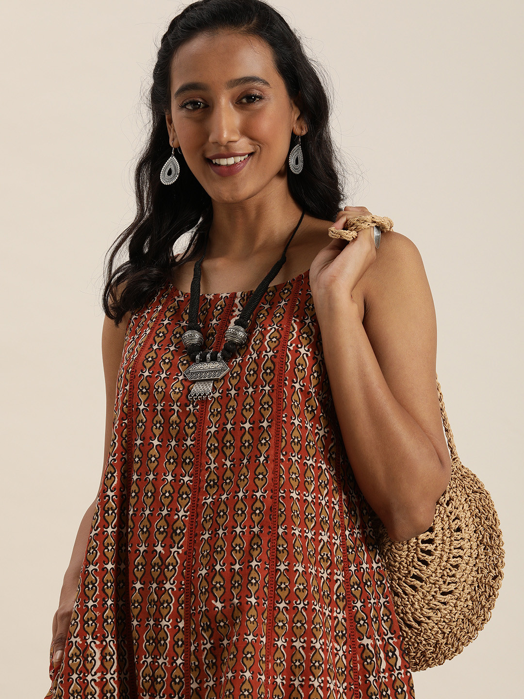 

Taavi Women Maroon & Black Bagru Hand Block Print A-Line Sustainable Dress with Pockets