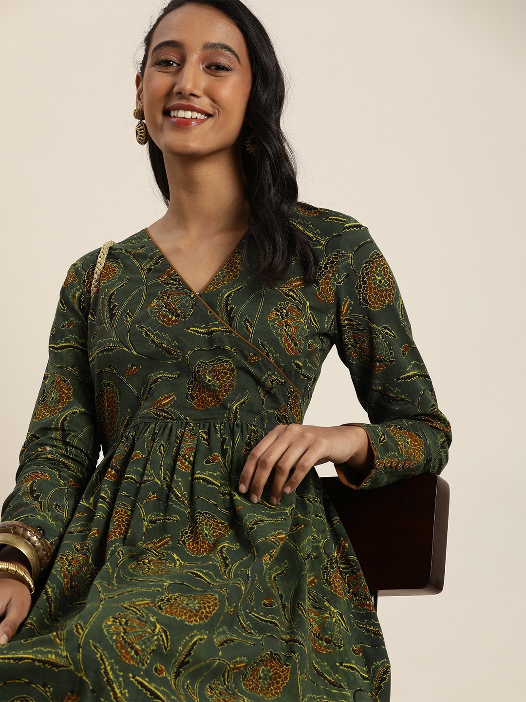 

Taavi Women Green Ajrakh Ethnic Motifs Pure Cotton Maxi Dress