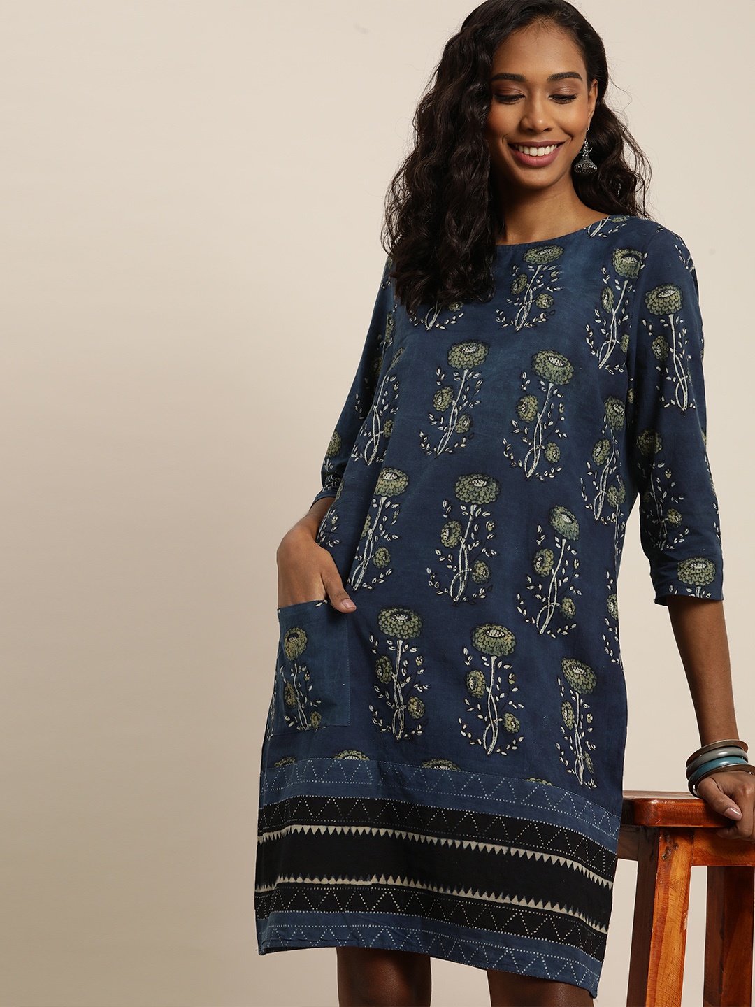 

Taavi Blue & White Ajrakh Hand Block Print Sustainable A-Line Dress