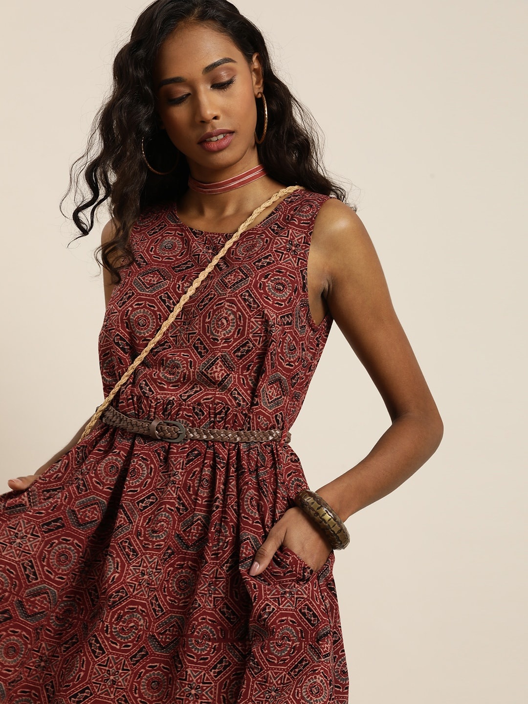 

Taavi Maroon & Beige Pure Cotton Ajrakh Hand Block Print Sustainable Fit and Flare Dress