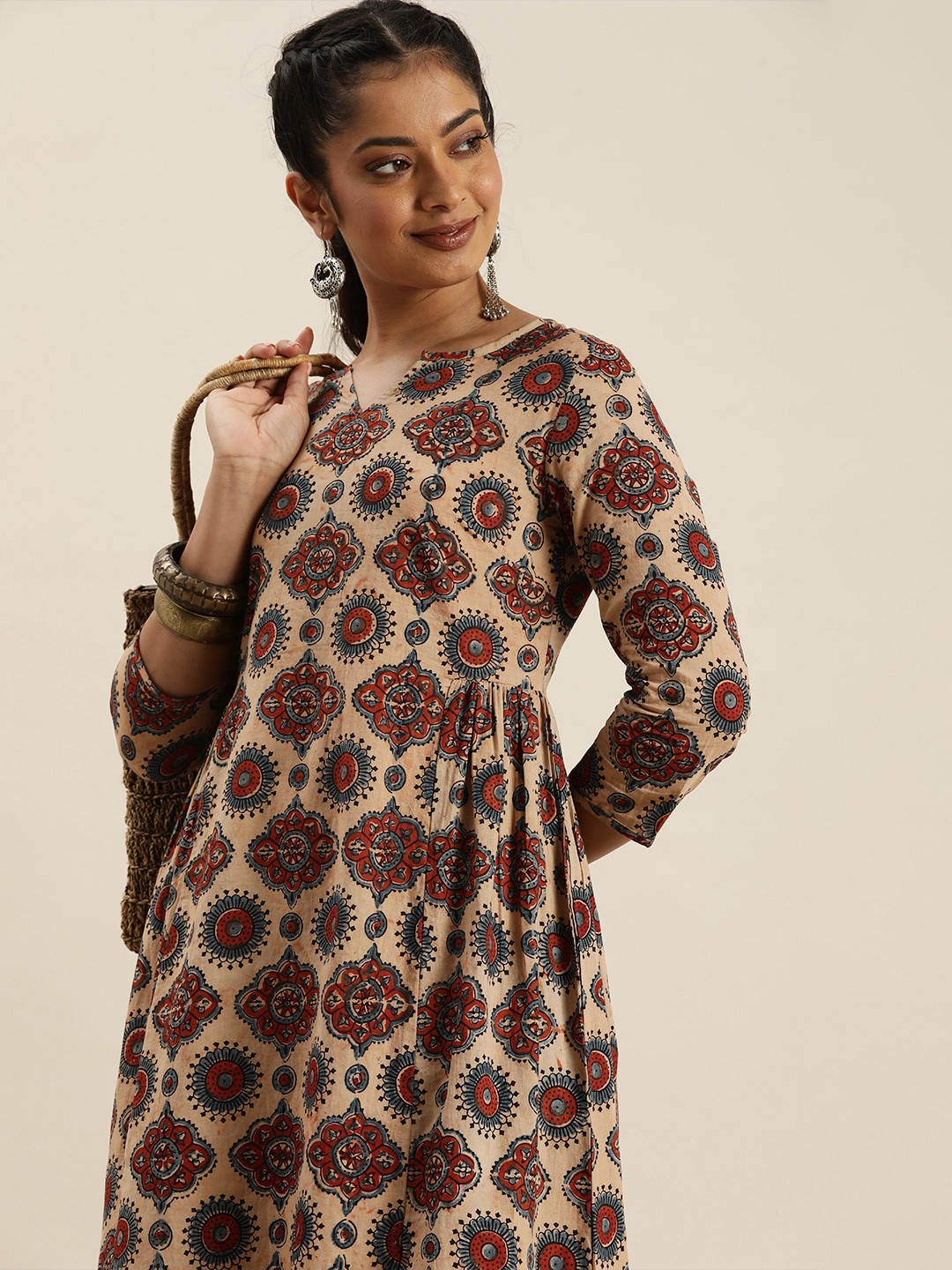 

Taavi Beige & Maroon Ajrakh Hand Block Print Pure Cotton Sustainable A-Line Dress