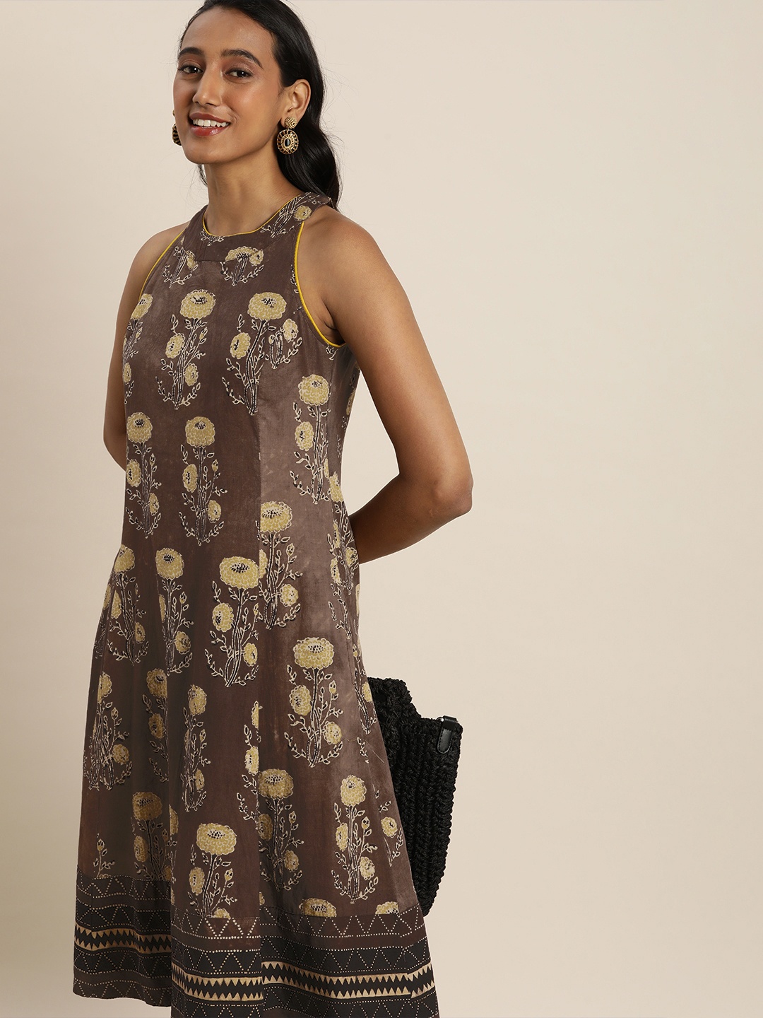 

Taavi Women Brown Handblock printed Floral Pure Cotton A-Line Dress
