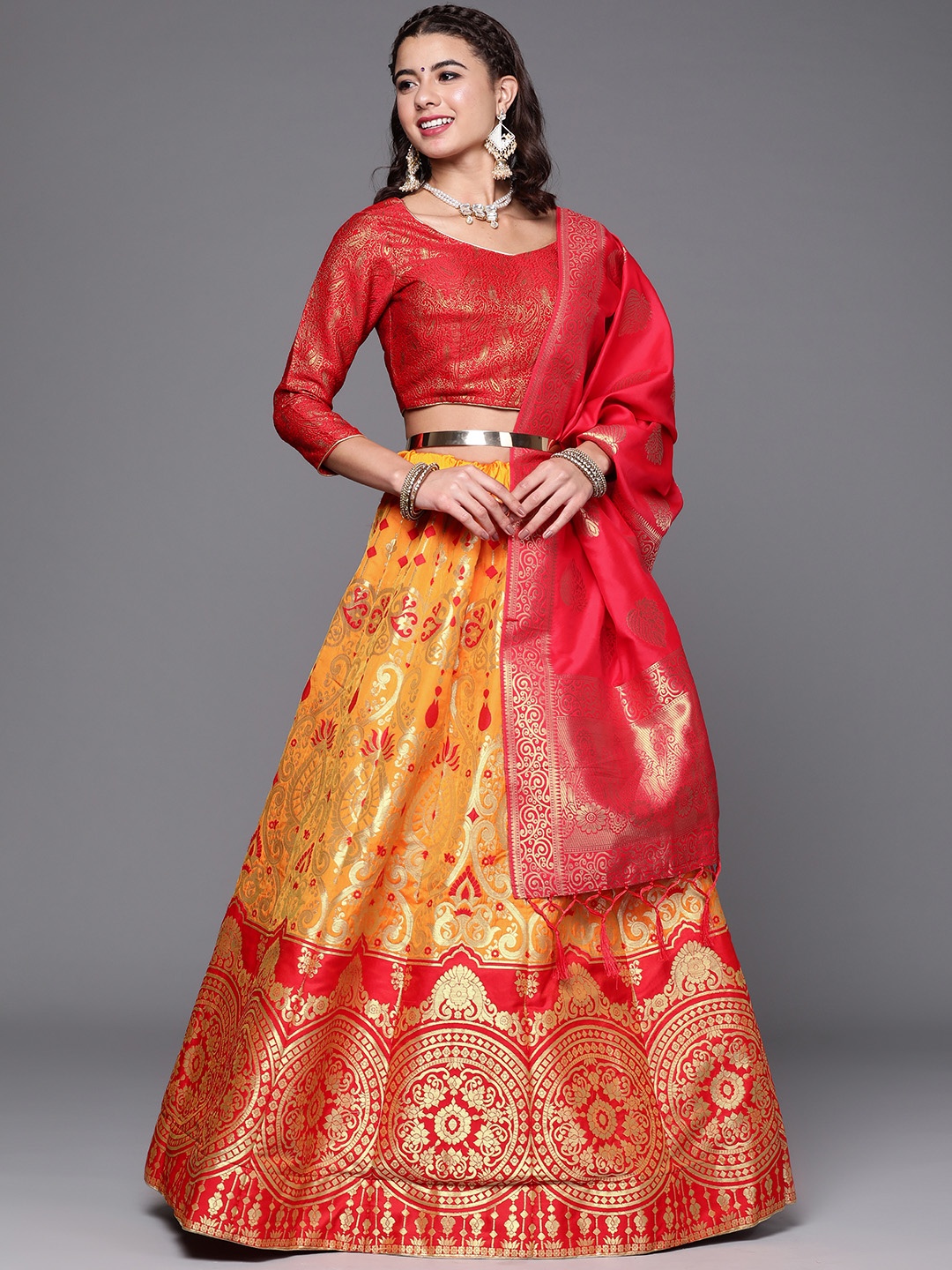 

Chhabra 555 Mustard Yellow & Red Semi-Stitched Banarasi Brocade Silk Lehenga Set