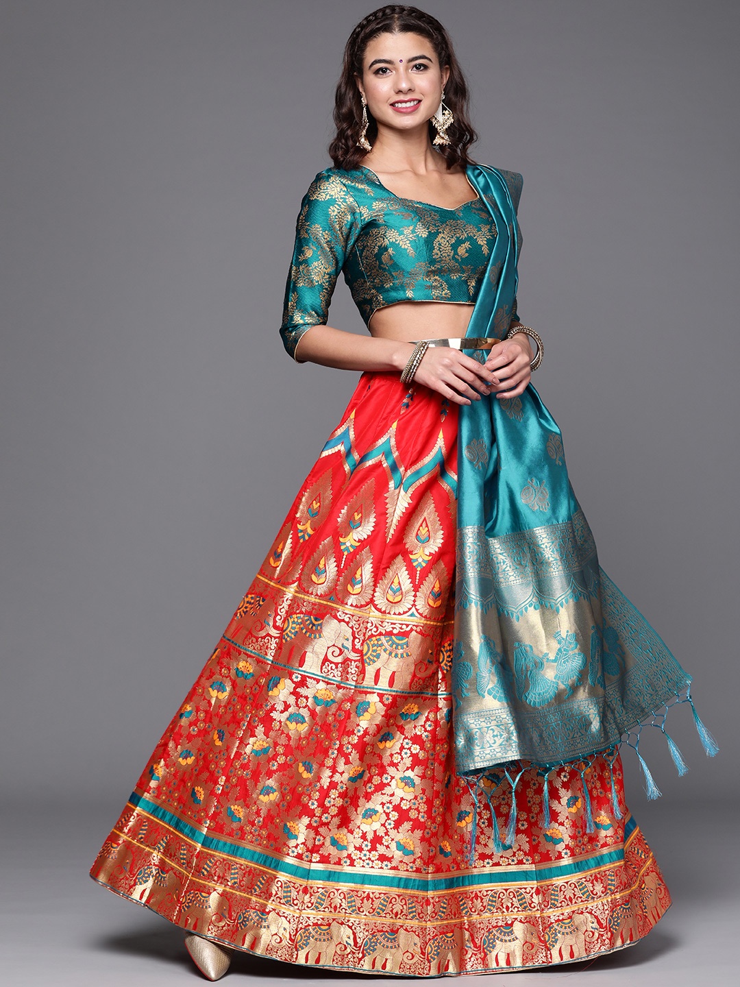 

Chhabra 555 Red & Turquoise Blue Semi-Stitched Lehenga & Unstitched Blouse With Dupatta