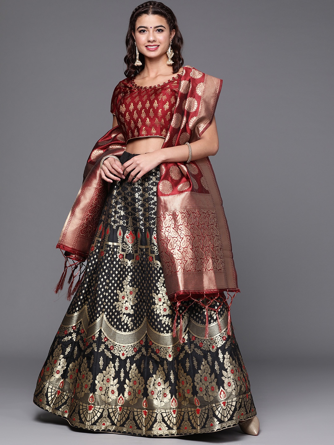 

Chhabra 555 Black & Maroon Semi-Stitched Lehenga & Unstitched Blouse With Dupatta
