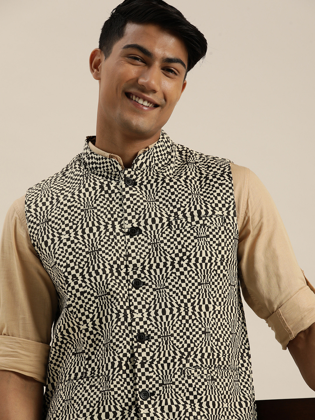 

Taavi Men Black & Beige Bagru Printed Mandarin-Collar Pure Cotton Nehru Jacket