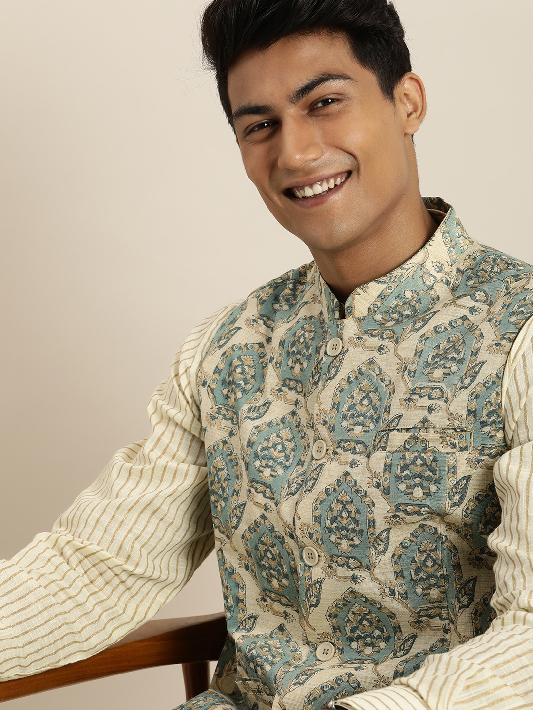 

Taavi Men Off White Kanchi Gold Striped Pure Cotton Kurta Set with Nehru Jacket